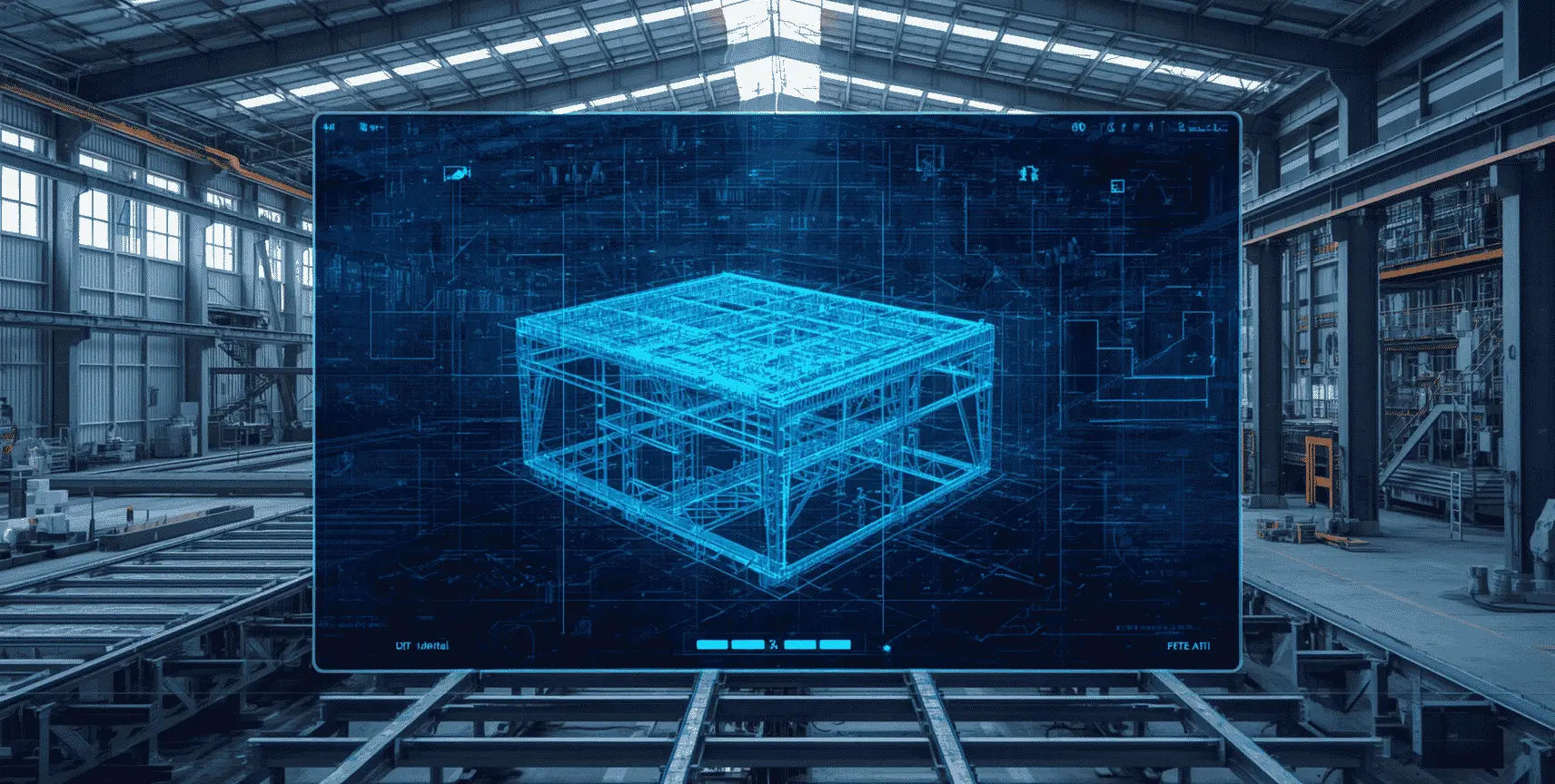 AI in steel detailing with BIM automation, 3D structural steel modeling, and intelligent fabrication workflow technology in a modern steel fabrication facility.